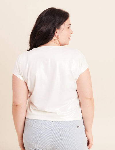 T-shirt col V manches courtes ecru femme