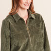 Robe droite courte velours col chemise vert kaki femme