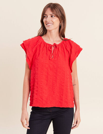 Blouse col v manches courtes fluide rouge femme
