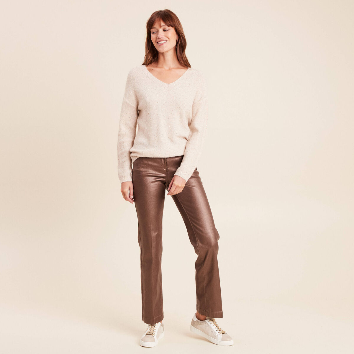 Pantalon enduit coupe large marron fonc&eacute; femme