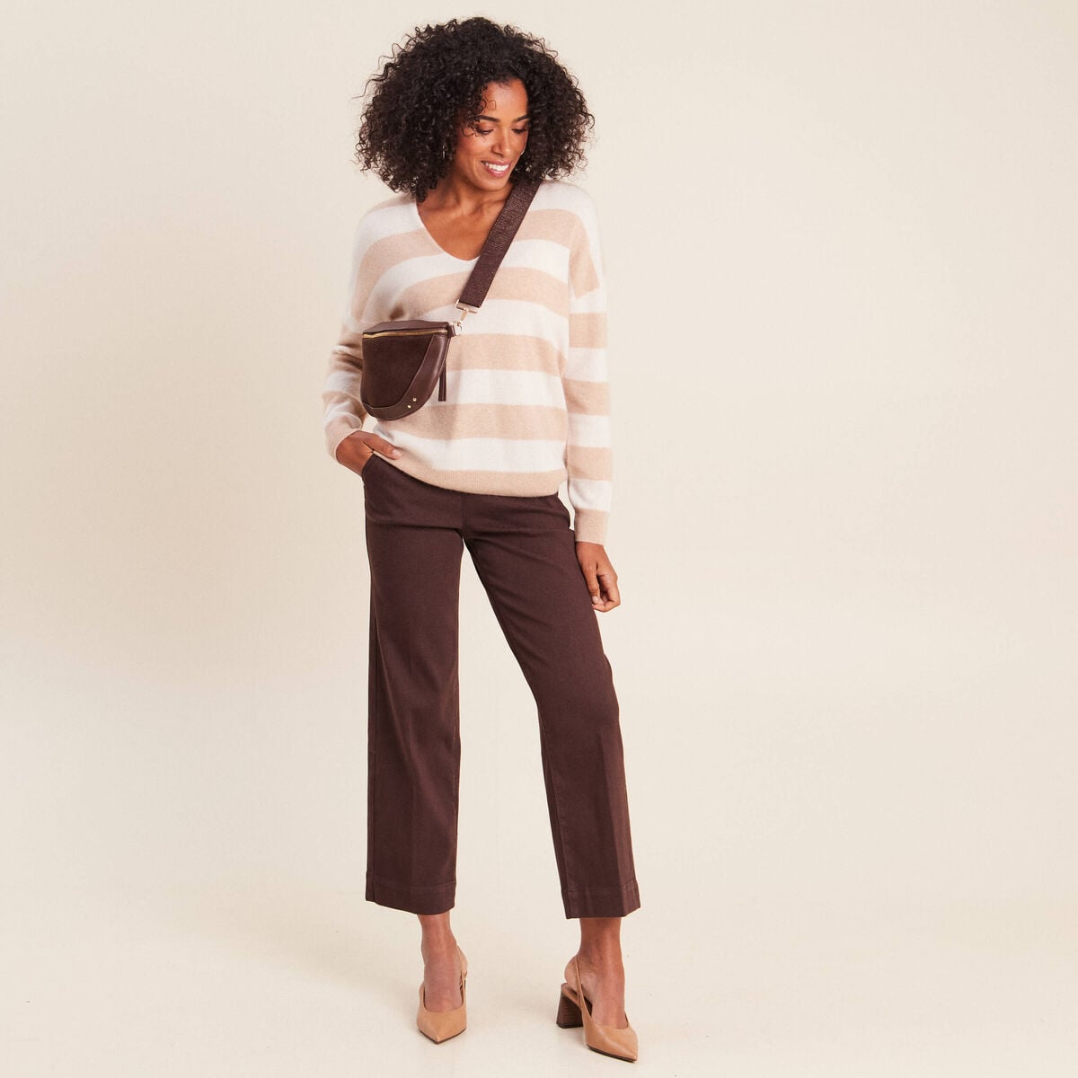 Jean large taille haute &agrave; paillettes marron fonc&eacute; femme