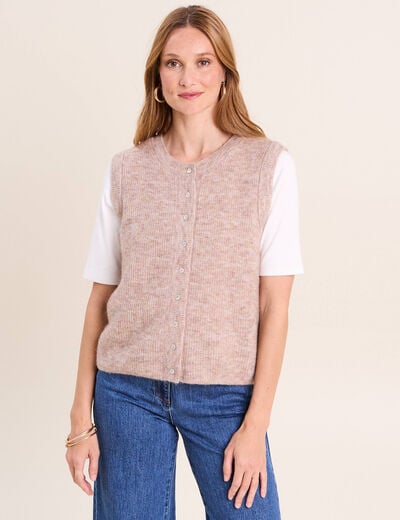 Gilet droit mi-long sans manches creme femme