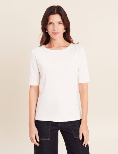 T-shirt ajust&eacute; col rond manches coudes ecru femme