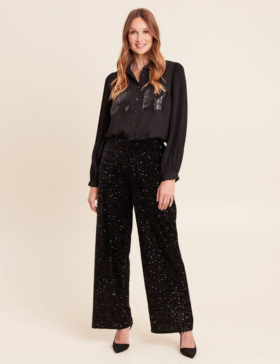 Chemise fluide &agrave; sequins manches longues noir femme