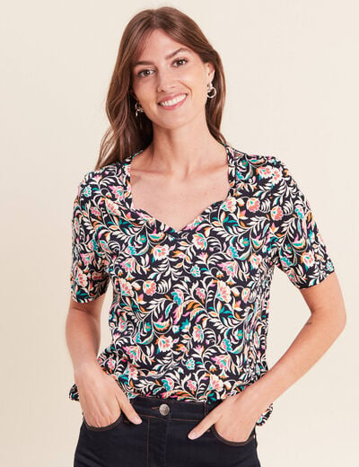 T-shirt col V manches courtes bleu femme