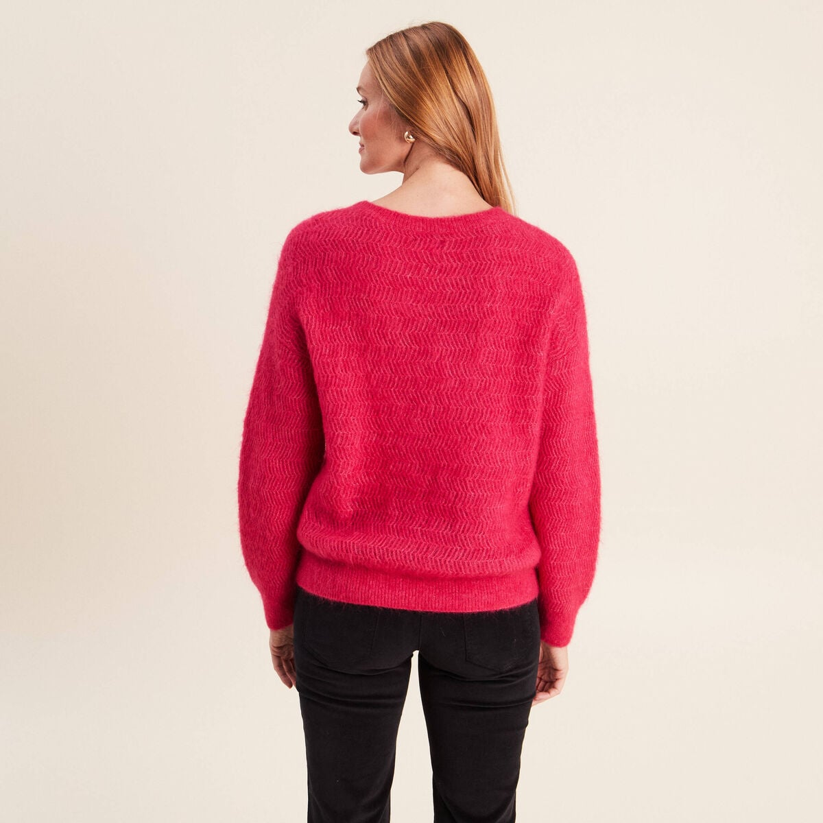 Pull droit col rond manches longues rose femme