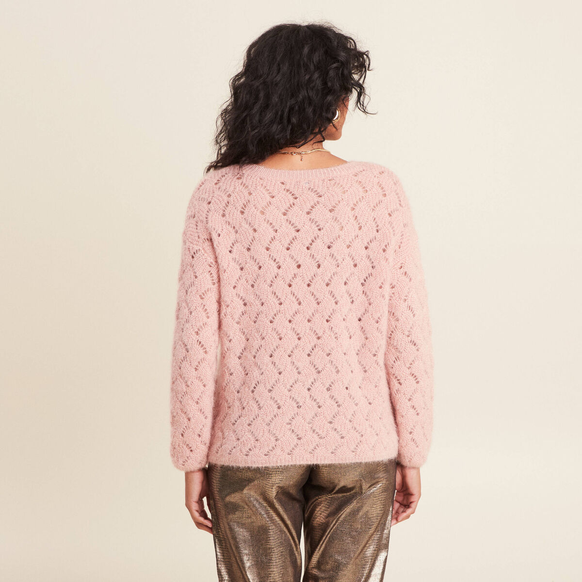 Pull manches longues ajour&eacute; vieux rose femme