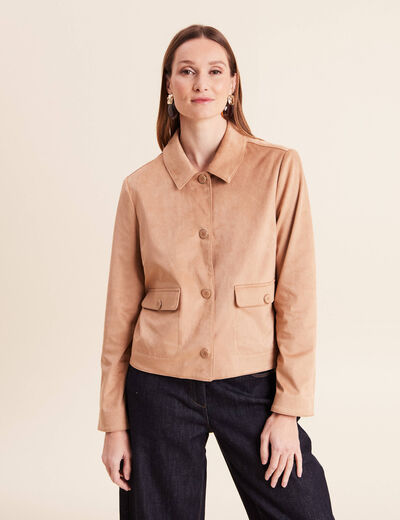Veste courte droite aspect daim marron clair femme