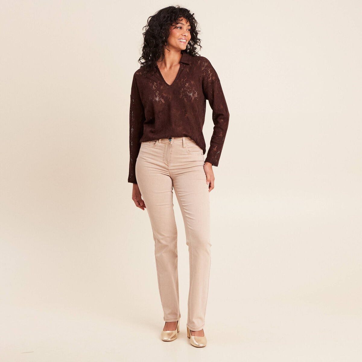 Polo manches 3/4 aspect dentelle marron fonc&eacute; femme