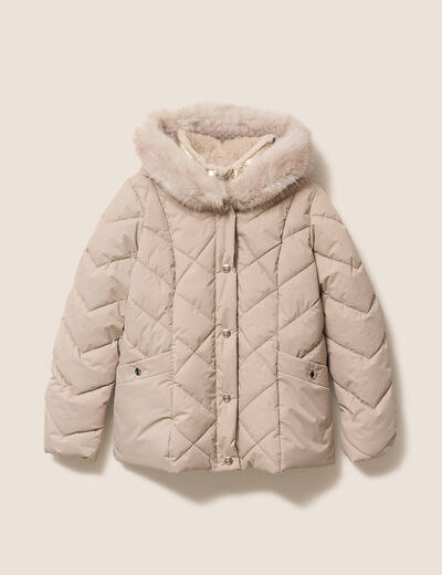 Doudoune ajust&eacute;e &agrave; capuche doubl&eacute;e beige femme