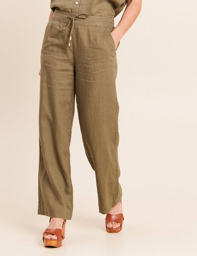 Pantalon large taille haute aspect lin vert kaki femme