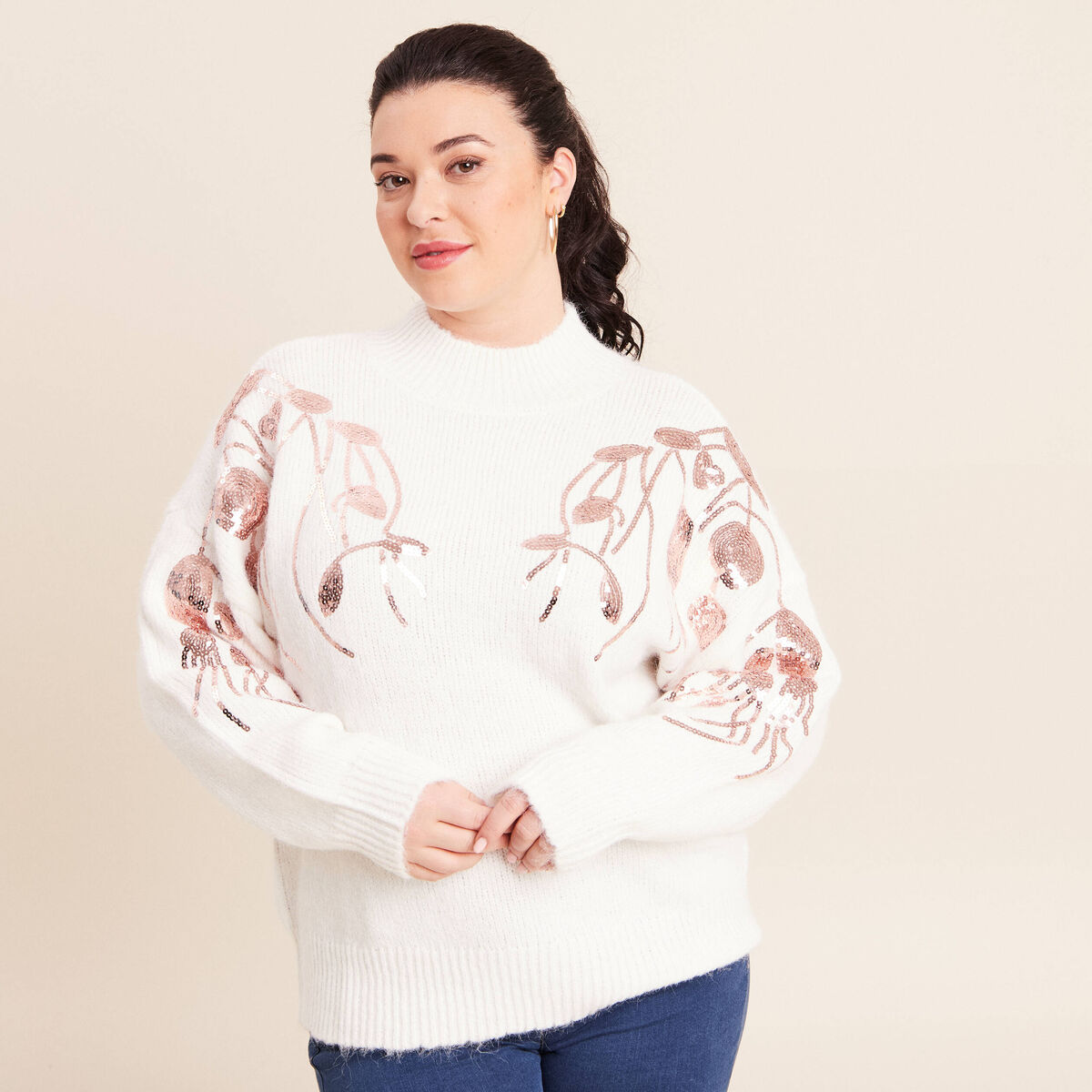 Pull col rond manches longues sequins ecru femme