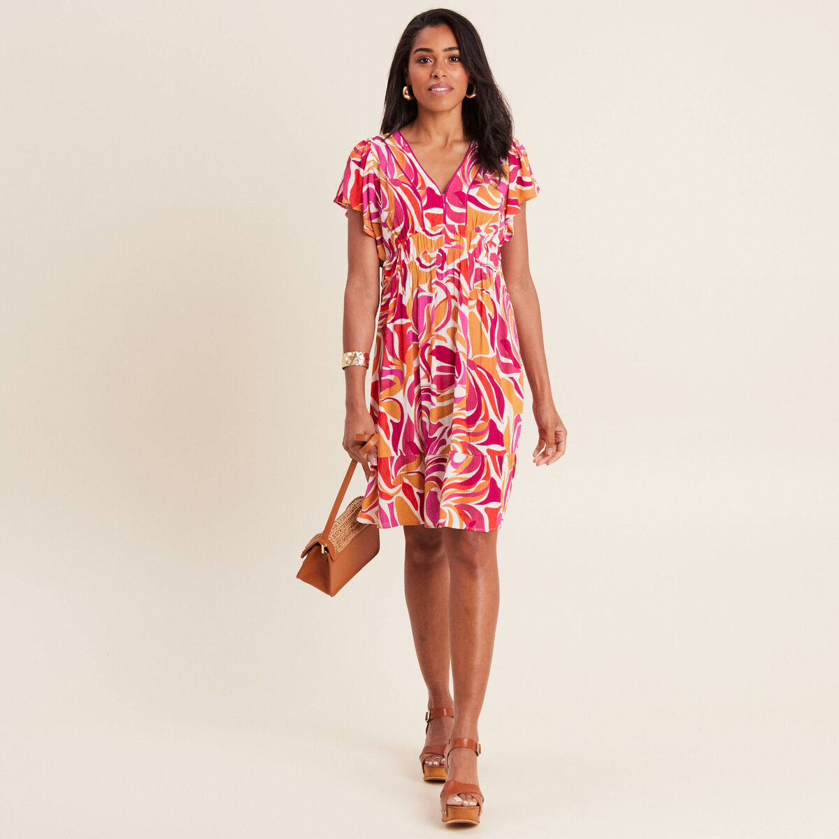 Robe évasée manches courtes orange femme