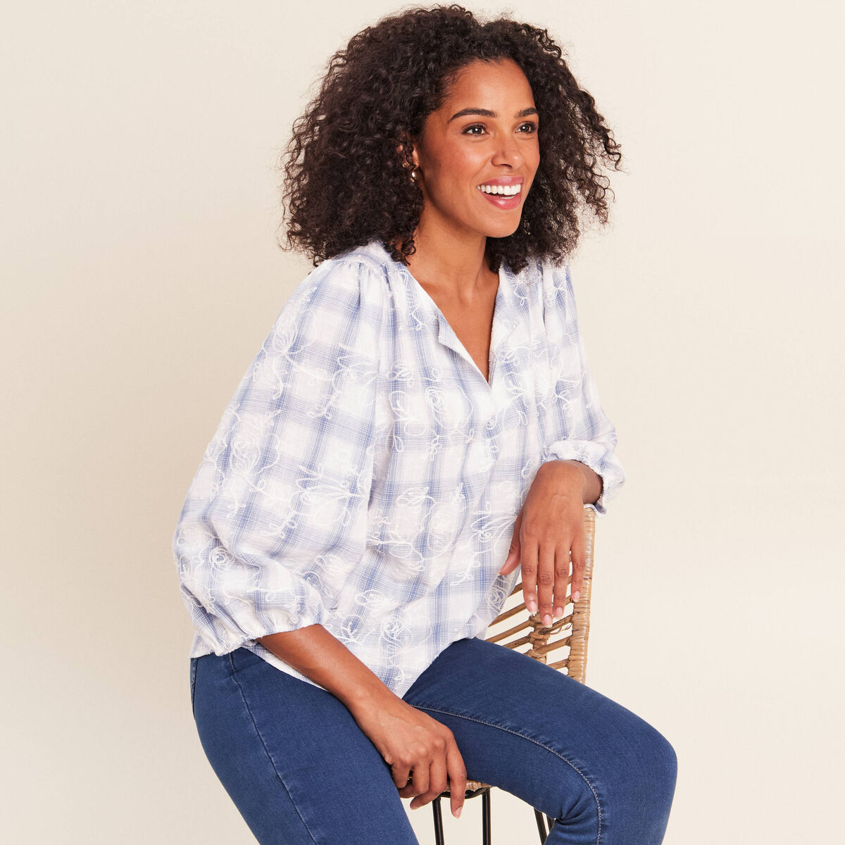 Blouse col tunisien manches 3/4 bleu femme