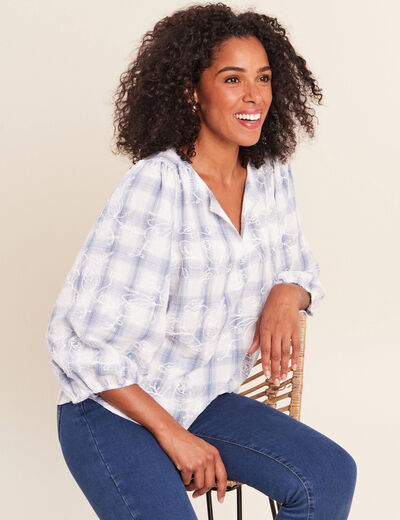 Blouse col tunisien manches 3/4 bleu femme