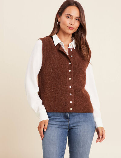 Gilet droit mi-long sans manches marron foncé femme