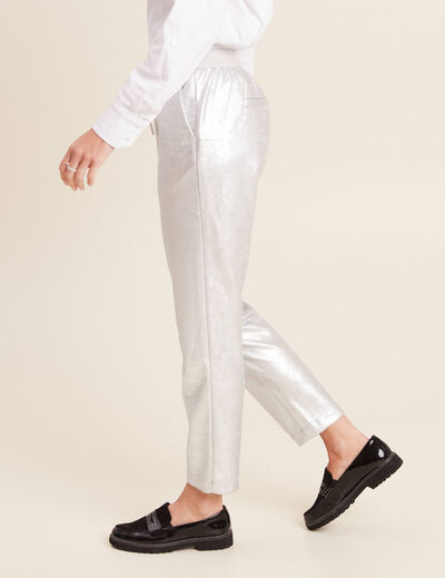 Pantalon jogging métallisé gris argent femme