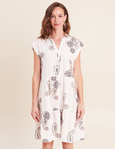 Robe courte &eacute;vas&eacute;e col tunisien brod&eacute;e bleu femme