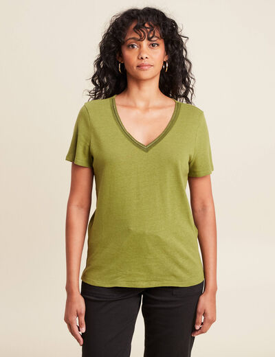 T-shirt manches courtes col en V vert femme