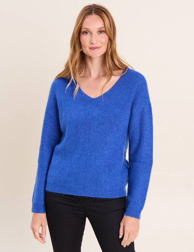 Pull col v bleu electrique femme