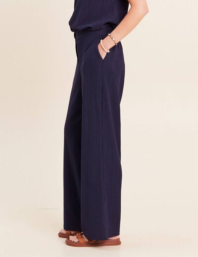 Pantalon large taille haute fluide bleu marine femme