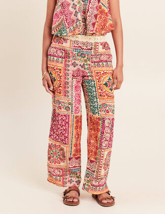 Pantalon large taille haute rose femme