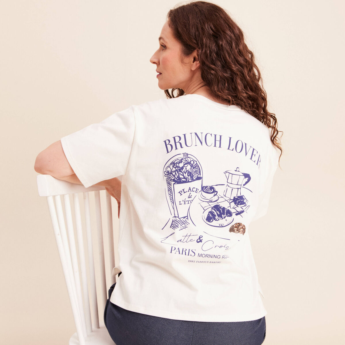 T-shirt avec print et broderie sequins ecru femme