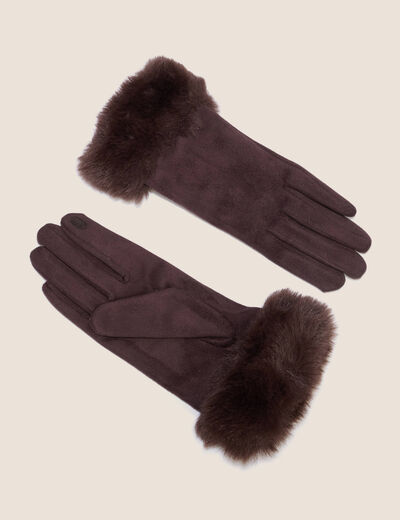 Gants en fausse fourrure marron fonc&eacute; femme