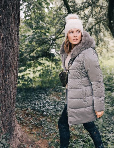 Doudoune droite à capuche gris foncé femme