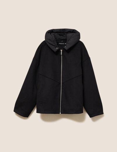 Manteau ample court &agrave; capuche noir femme