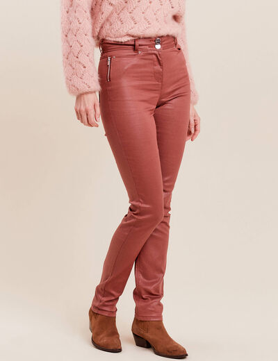 Pantalon ajusté enduit marron cognac femme