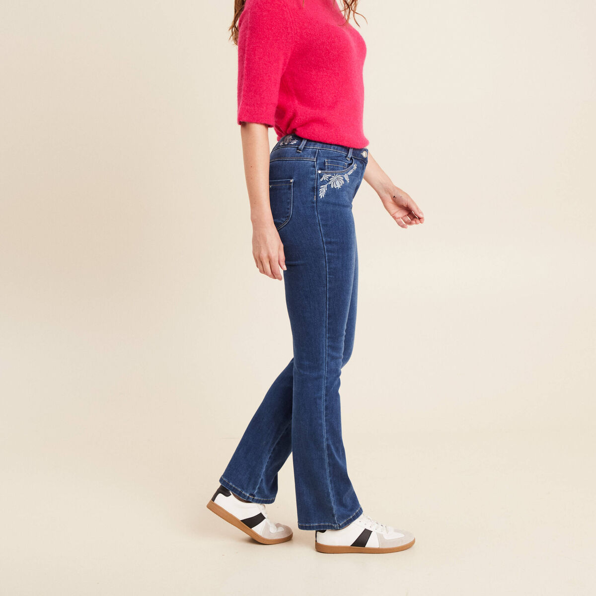 jean bootcut taille basculée brodé denim stone femme