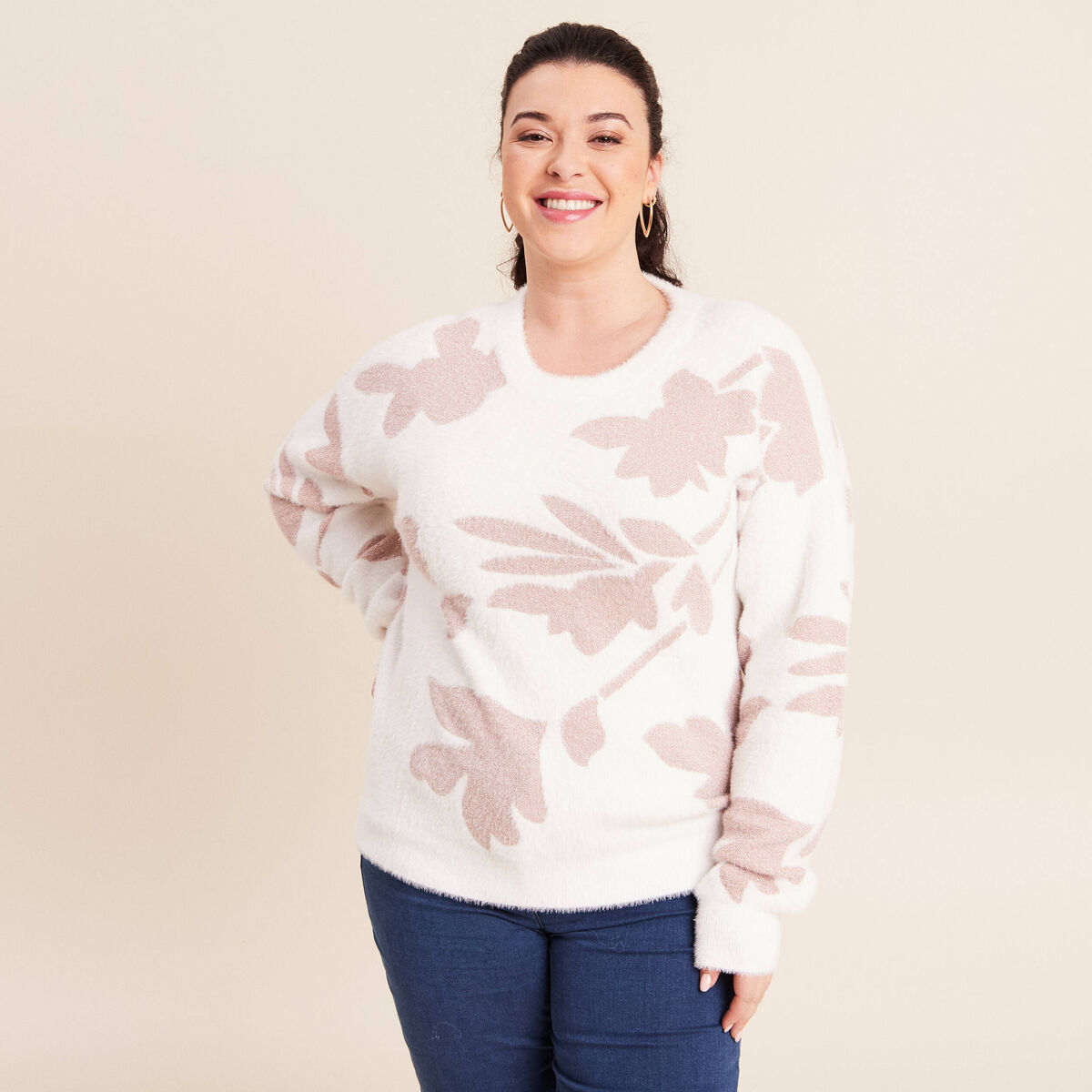 Pull col rond manches longues beige femme