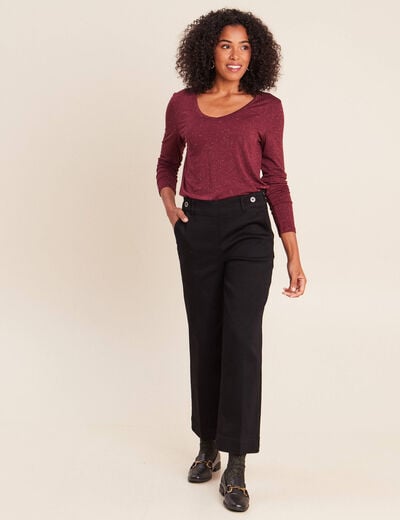 T-shirt ajust&eacute; col v manches longues bordeaux femme