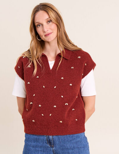 Pull sans manches col chemise orange fonc&eacute; femme