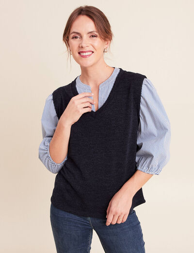T-shirt 2 en 1 col tunisien manches 3/4 bleu marine femme