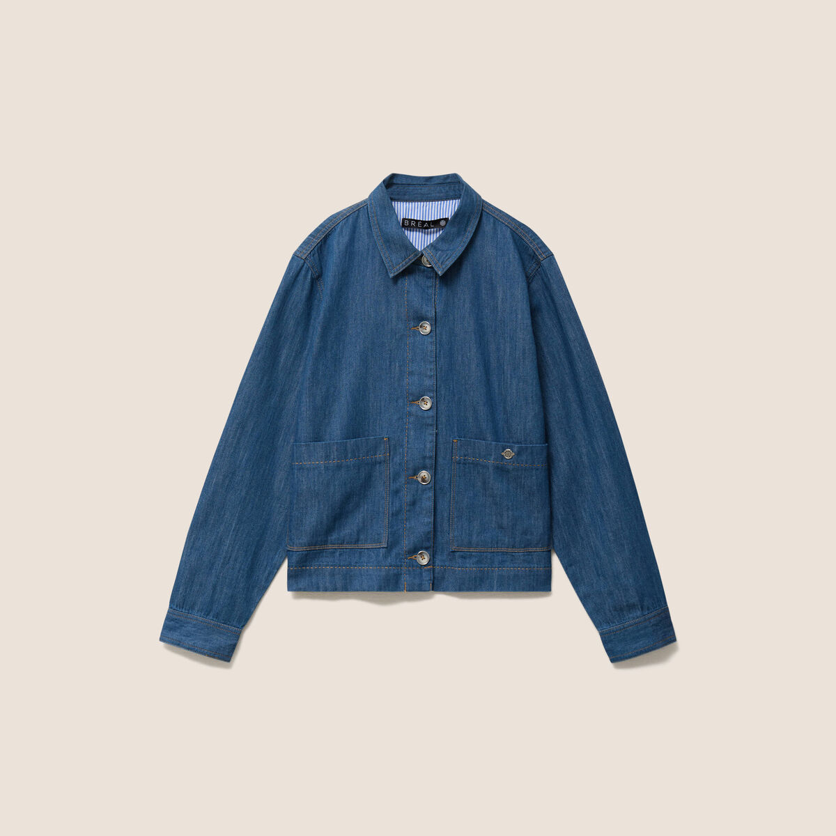 Veste courte droite manches longues denim stone femme