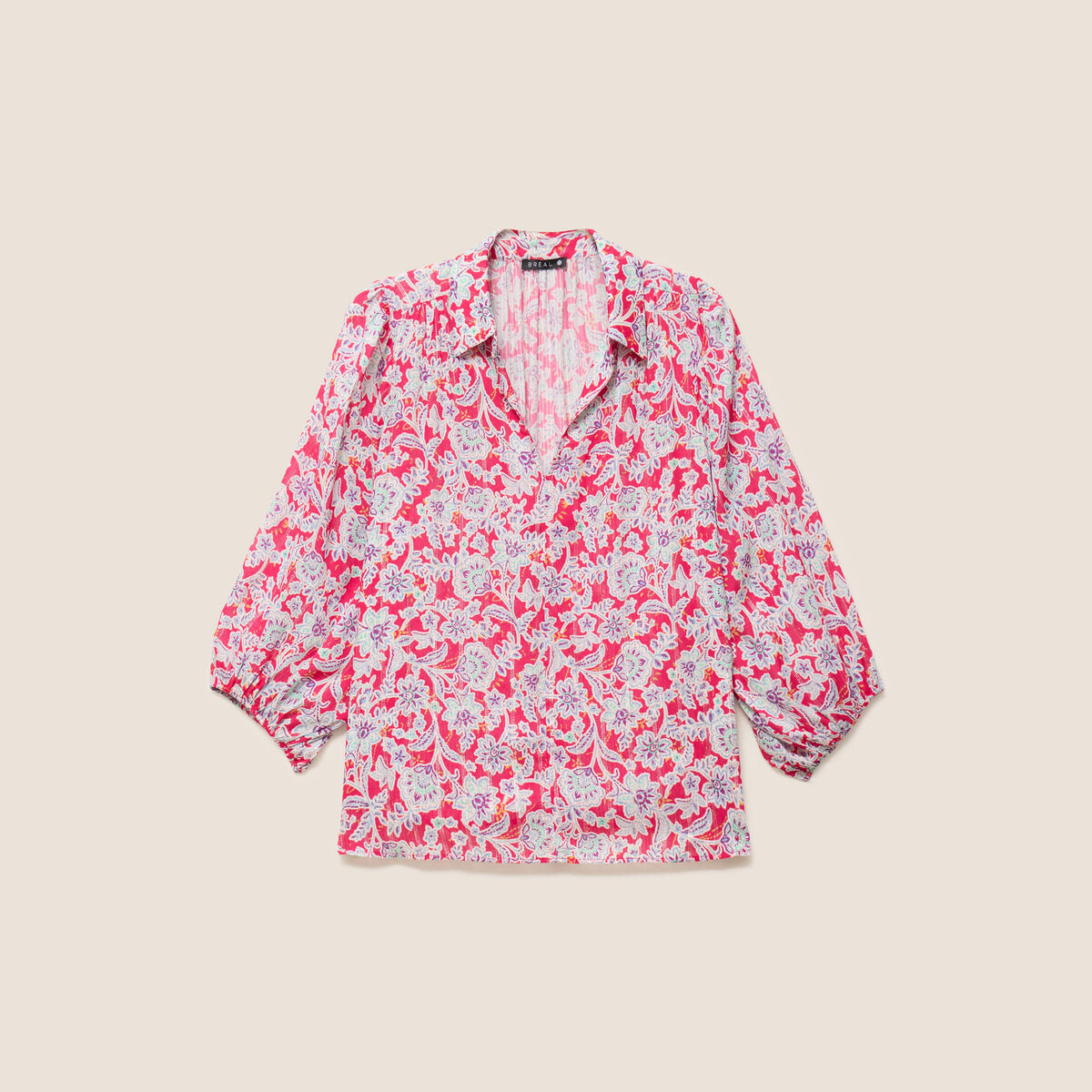 Blouse ample col chemise manches 3/4 rose femme