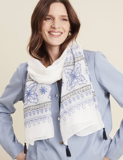 Foulard brodé à pampilles bleu marine femme