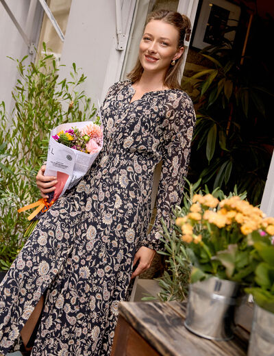 Robe &eacute;vas&eacute;e 3/4 voile col tunisien noir femme