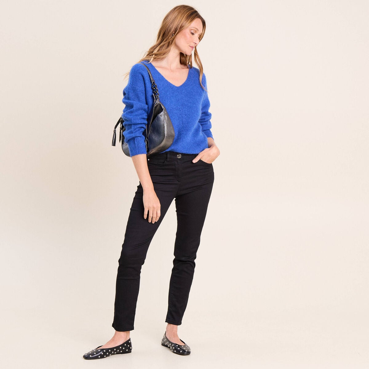 Pull col v bleu electrique femme