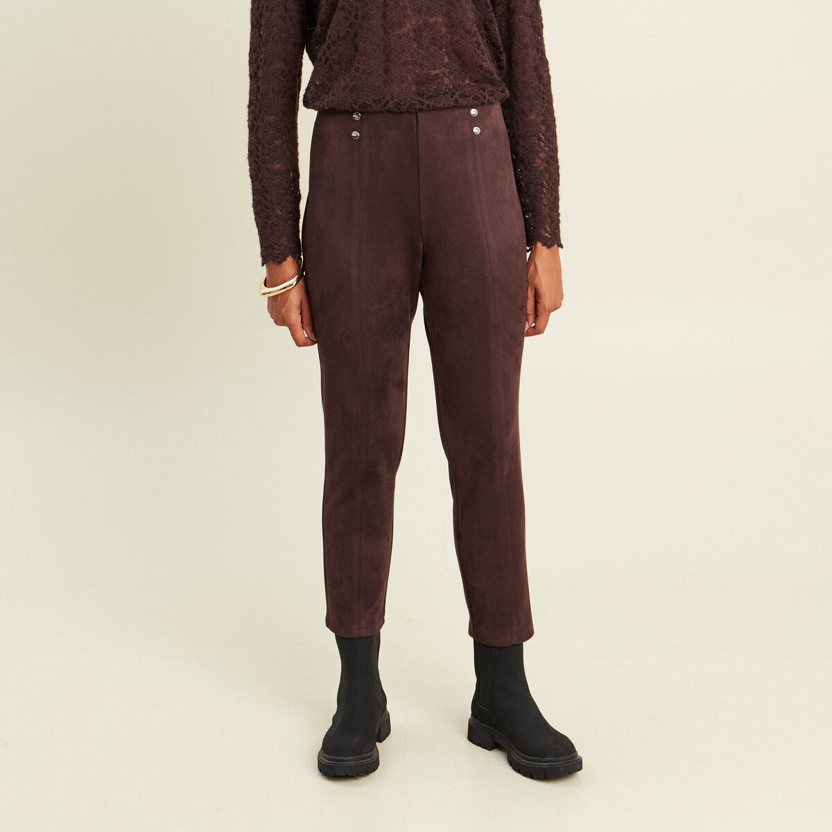 Legging 7/8&egrave;me taille haute aspect daim marron fonc&eacute; femme