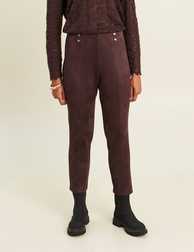 Legging 7/8&egrave;me taille haute aspect daim marron fonc&eacute; femme