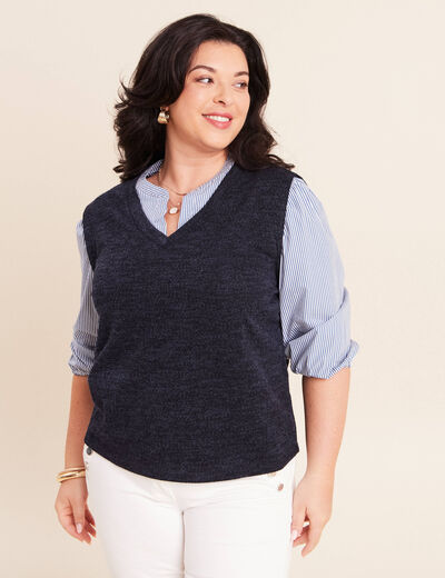 T-shirt 2 en 1 col tunisien manches 3/4 bleu marine femme