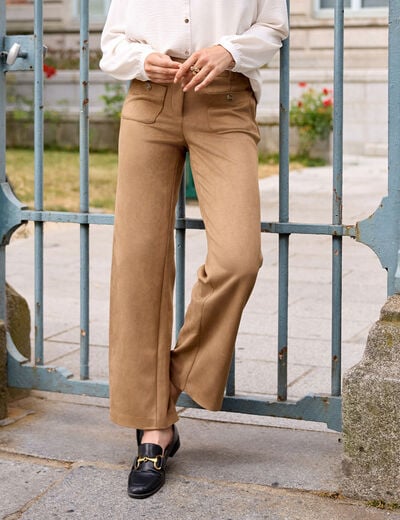 Pantalon aspect daim marron femme
