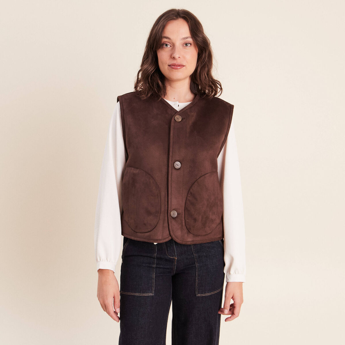 Veste r&eacute;versible duveteuse marron fonc&eacute; femme