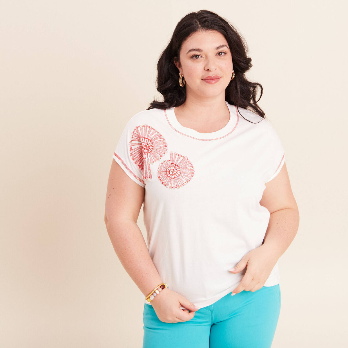 T-shirt col rond manches courtes ecru femme