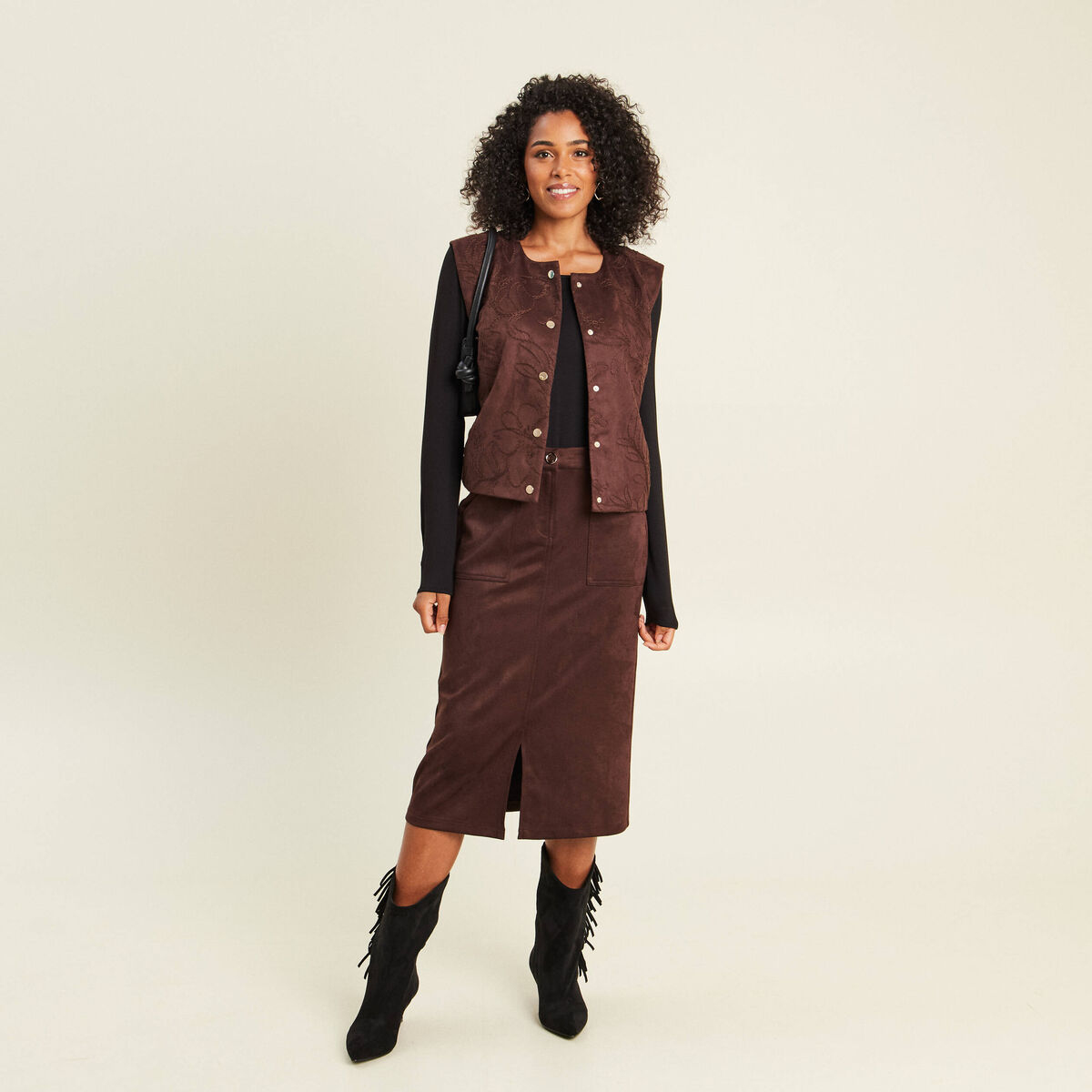 Veste sans manches doubl&eacute;e marron fonc&eacute; femme