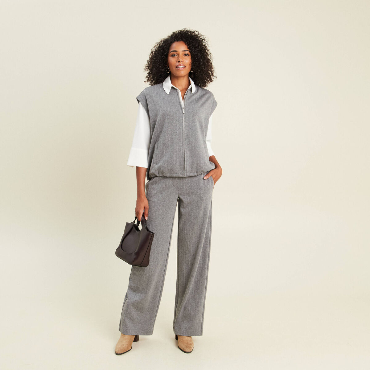 Pantalon loose taille bascul&eacute;e gris femme