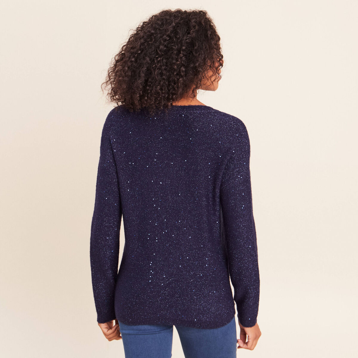 Pull col v manches longues &agrave; sequins bleu marine femme